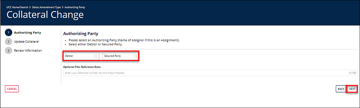 The Collateral Change checkbox is selected.