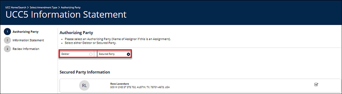 The Secured Party radio button is selected.