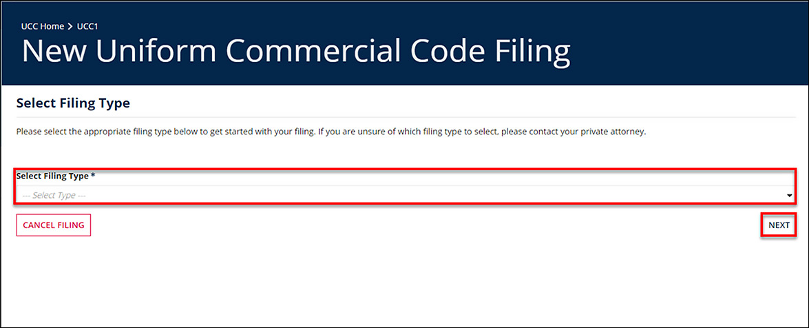 Select Filing Type screen. There is a Select Filing Type drop down menu, and the Next button is selected.