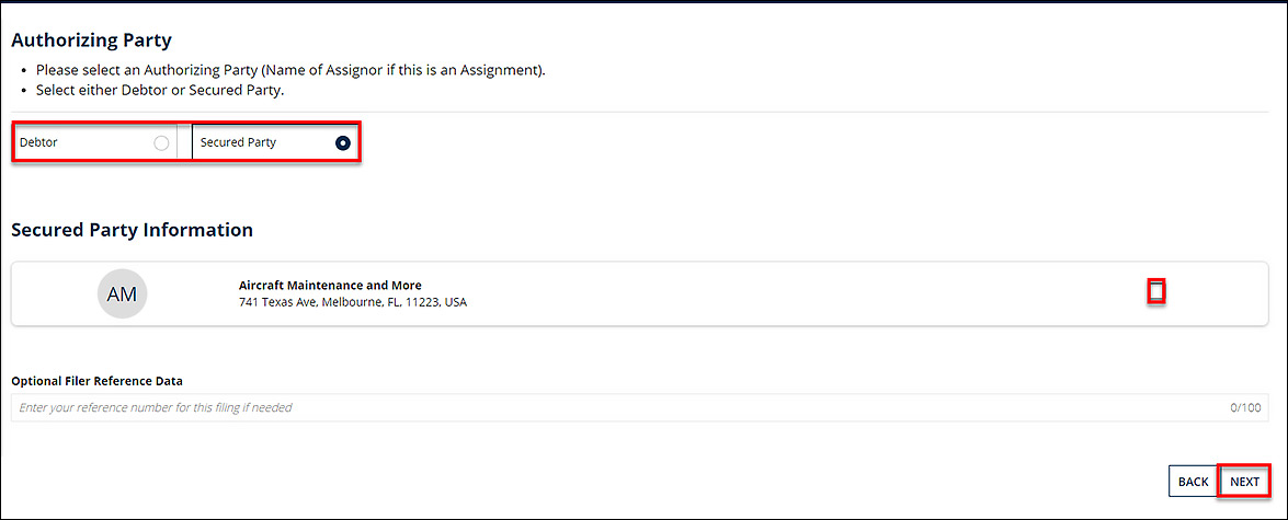 The Secured Party radio button is selected.