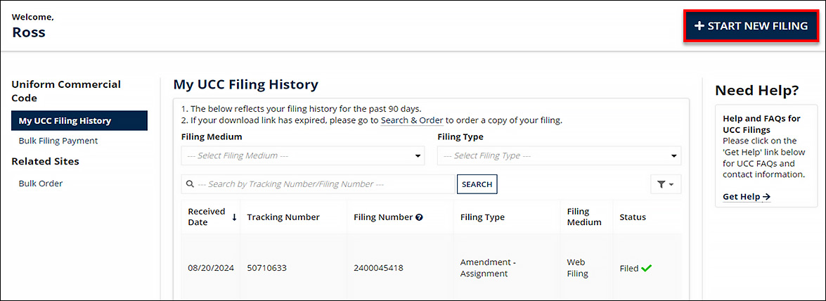 The Start New Filing button appears at the top-right