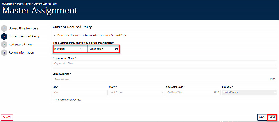 The Organization radio button is selected.