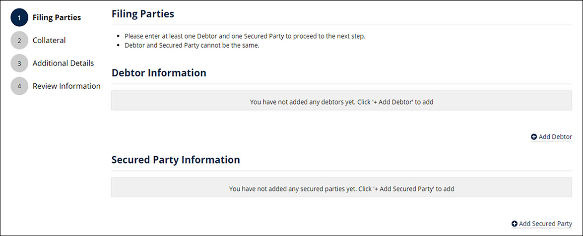 Filing Parties screen. There is a Debtor Information section and a Secured Party Information section.