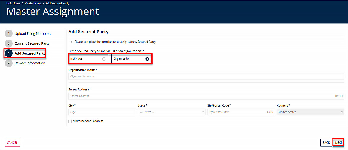 The Organization radio button is selected.