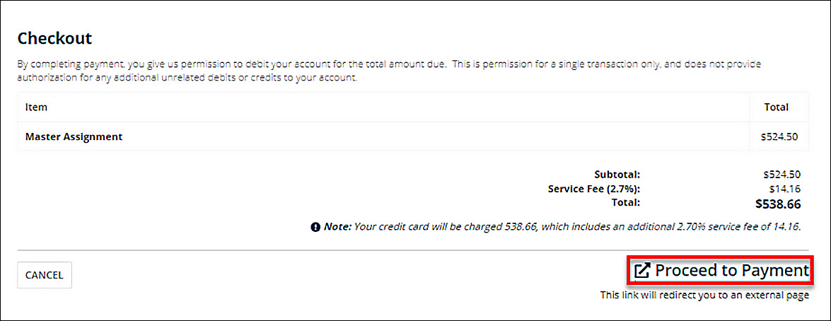 The Proceed to Payment link will redirect users to an external page.