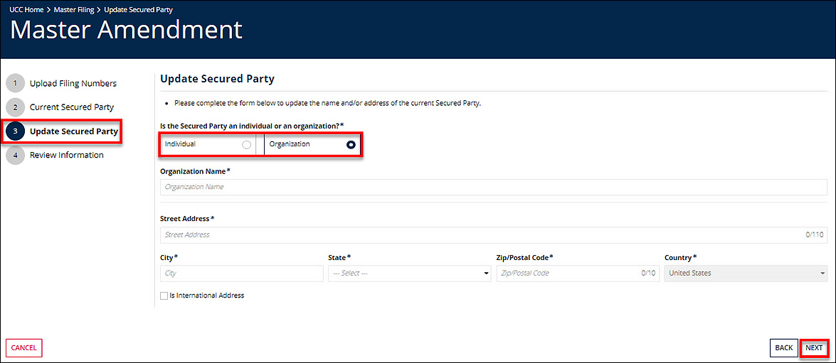 The Organization radio button is selected.