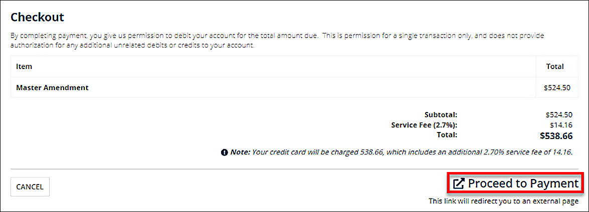 The Proceed to Payment link will redirect users to an external page.
