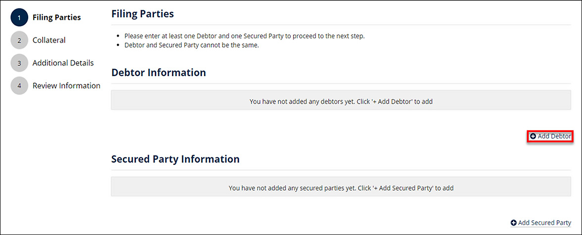 Same screen, however the Add Debtor link is selected.