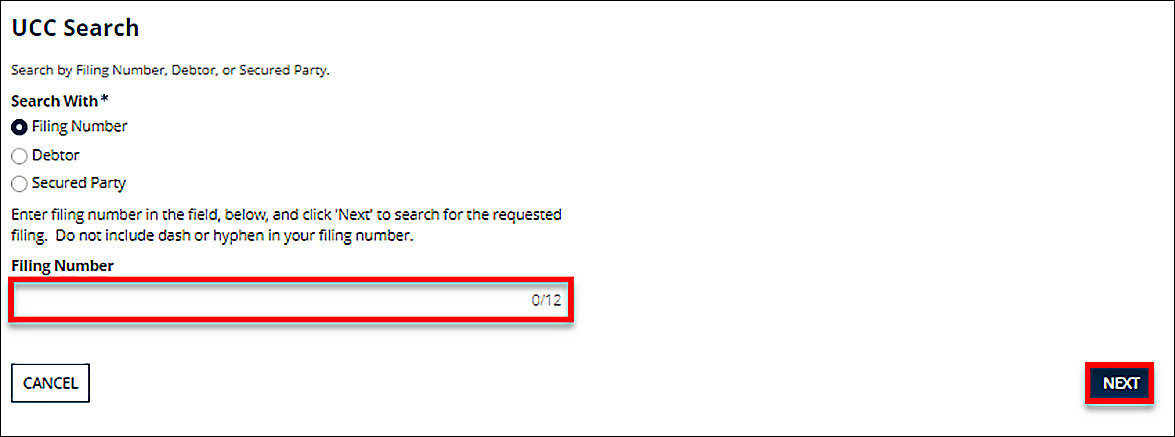 The Filing Number radio button is selected.