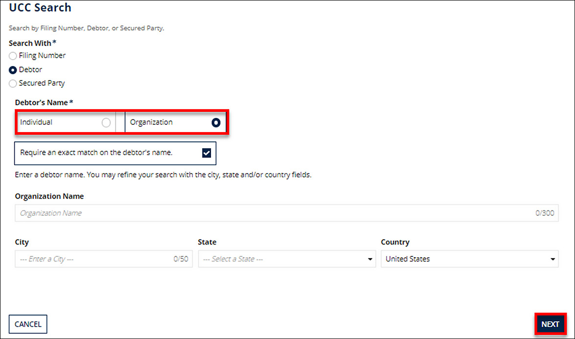 On the Search WIth section, the Debtor radio button is selected.