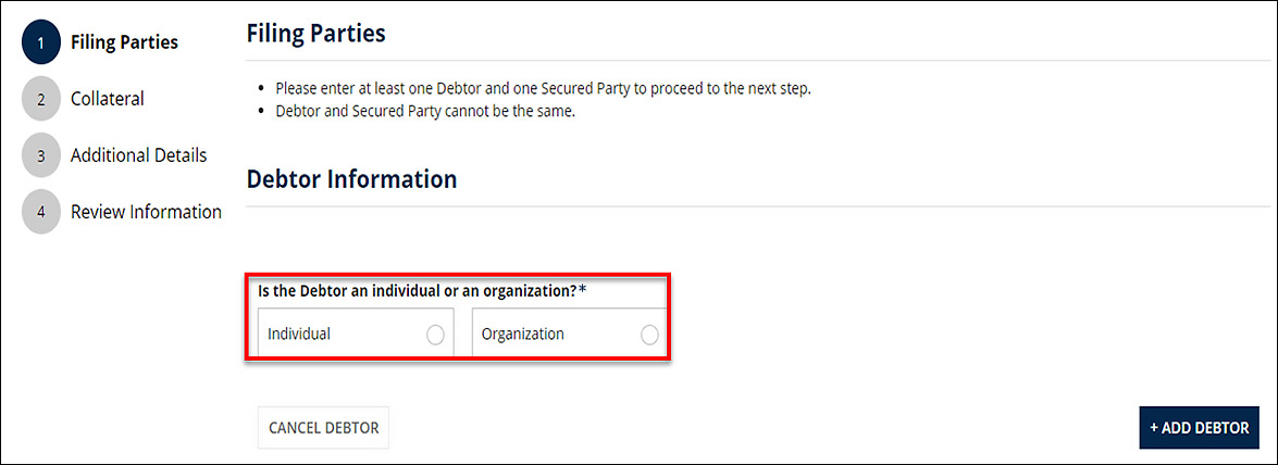 Radio buttons appear within the Debtor Information section. Radio buttons are displayed for, "Is the Debtor an individual or an organization? 