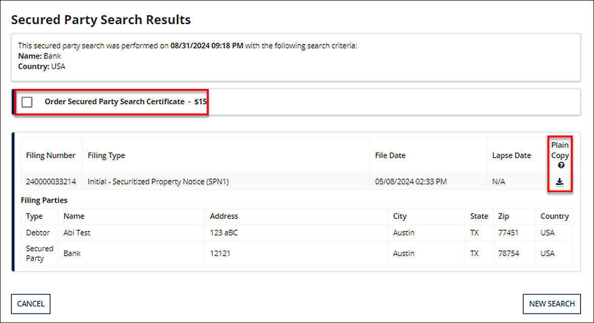 Checkbox is available for Order Secured Party Search Certificate 15