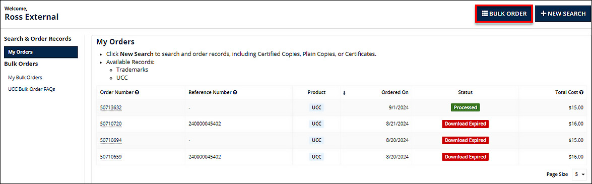 My Order screen displays the Bulk Order button at the top of the page. A table containing information can also be seen on the screen. 
