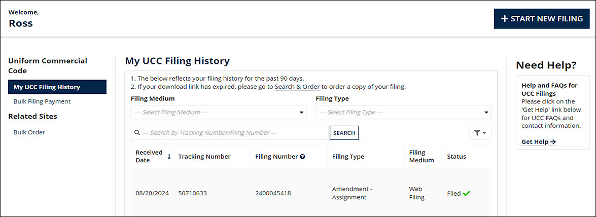 My UCC Filing History screenshot. The table displays information such as date received, tracking number, filing number, filing type and status. 